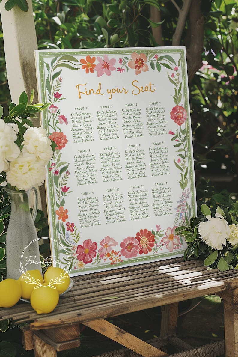May include: A floral wedding seating chart with the words "Find your Seat" in gold script. The chart is surrounded by a green border with pink and orange flowers. The names are listed in a grid format.