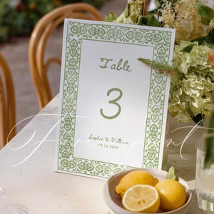 Green Border Table Number Template, Hand drawn, Printable Table Number Sign, Editable Template, INSTANT DOWNLOAD, Green Toile Border RUG01