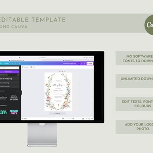 May include: A computer screen displaying a Canva design template for a baptism invitation. The template features a floral wreath with the word "Baptism" in a handwritten font. The text "No software or fonts to download", "Unlimited downloads", "Edit texts, fonts and colours", and "Add your logo or photo" is displayed on the right side of the image.