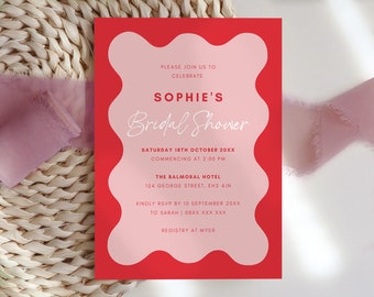 Wave Bridal Shower Invitation, Curve Modern Bridal Shower Invite, PINK Bridal Shower, Editable Bridal Shower Template Wavy Shape Modern