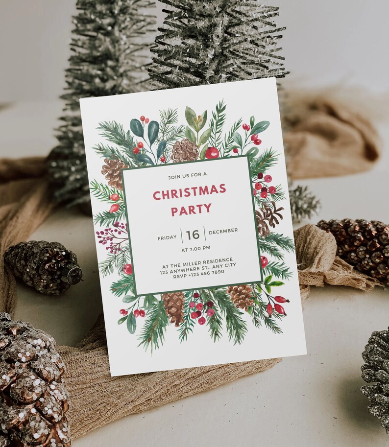 Holiday Party Invitation Template, Christmas Invitation, Editable Christmas Party Template, Printable Holiday Work Party Invitation, Digital image 1