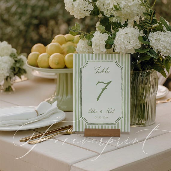 Green Striped Table Number Template, Watercolor, Printable Table Sign, Editable Template, INSTANT DOWNLOAD, Classic Garden Wedding 021