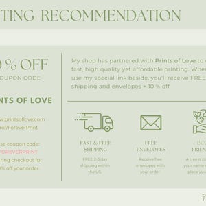 Op de afbeelding: Een lichtgroene afbeelding met de tekst "PRINTING RECOMMENDATION" bovenaan. De afbeelding bevat informatie over Prints of Love, een kortingscode van 10% en pictogrammen voor snelle verzending, gratis enveloppen en milieuvriendelijke praktijken.