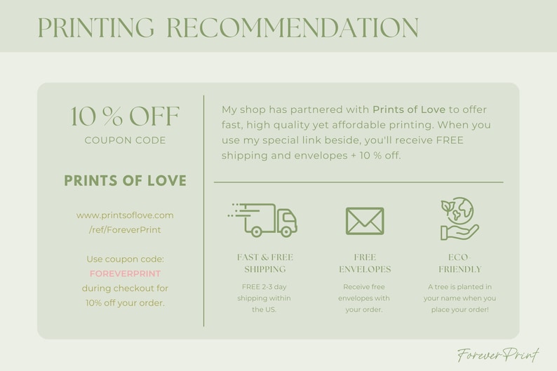 Op de afbeelding: Een lichtgroene afbeelding met de tekst "PRINTING RECOMMENDATION" bovenaan. De afbeelding bevat informatie over Prints of Love, een kortingscode van 10% en pictogrammen voor snelle verzending, gratis enveloppen en milieuvriendelijke praktijken.