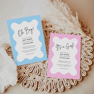 K&ouml;nnte beinhalten: Zwei Babyparty-Einladungen, eine blaue und eine rosa, mit einem wellenf&ouml;rmigen Design und dem Text "Oh Boy!" und "It's a Girl!" Die Einladungen enthalten den Text "Bitte schlie&szlig;en Sie sich uns zu einer Babyparty an, die die werdende Mutter Lisa Williams ehrt".