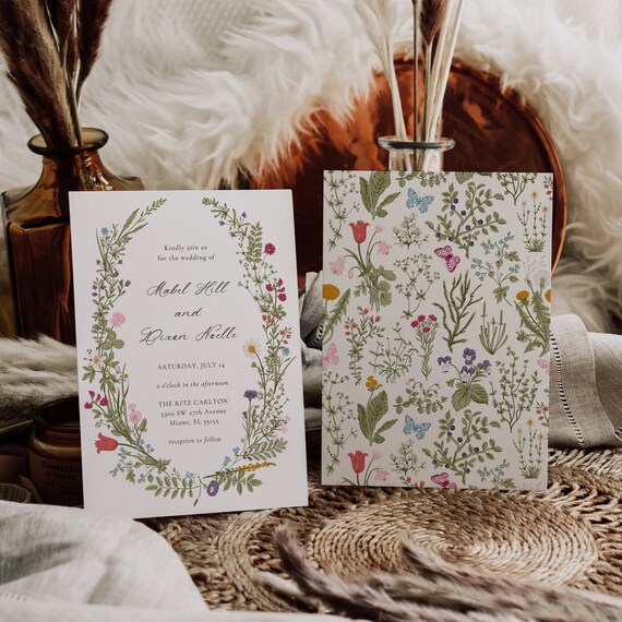 Wildflower Wedding Invitation Template, Printable Wedding Invitation, Wedding Invitation, Boho Wildflower Invitation, Floral Wreath, MABEL