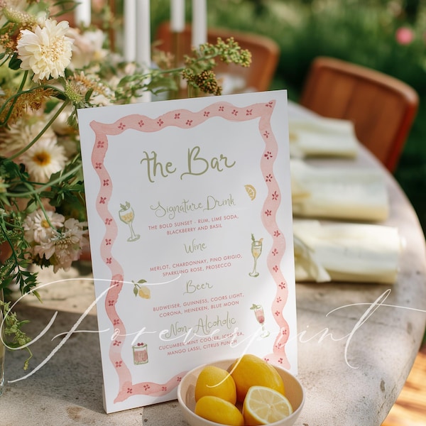 Blush Pink Whimsical Bar Menu Template, Peach Watercolor, Printable Drinks Sign, Editable Bar Menu, Signature Drink Menu, Cocktail Menu 048