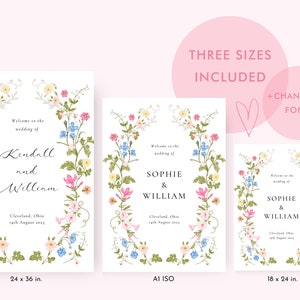 May include: Three printable wedding invitation templates with floral borders. The templates are available in three sizes: 24 x 36 inches, A1 ISO, and 18 x 24 inches. The text on the invitations reads "Welcome to the wedding of Kendall and William", "Welcome to the wedding of Sophie & William", and "Welcome to the wedding of Sophie & William".
