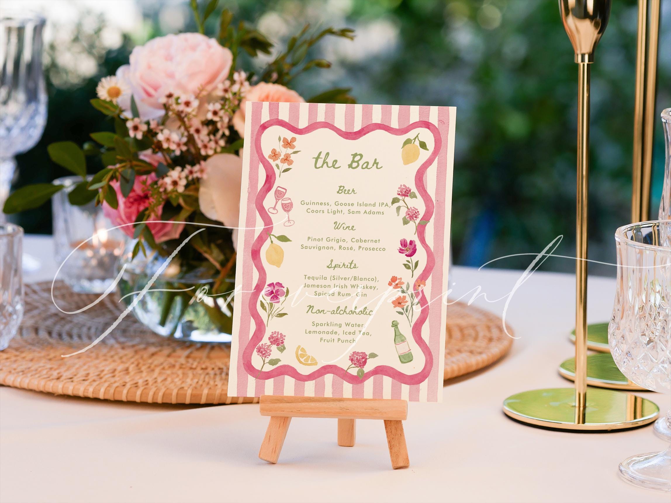 Menu Sign Pink Pink Floral Bar Menu Template, Hand Drawn Watercolor, Printable Bar ...