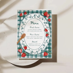 Plantilla de menú de fresas, menú a cuadros, menú de cena imprimible, plantilla editable, DESCARGA INSTANTE, Plantilla de menú caprichosa BETSY