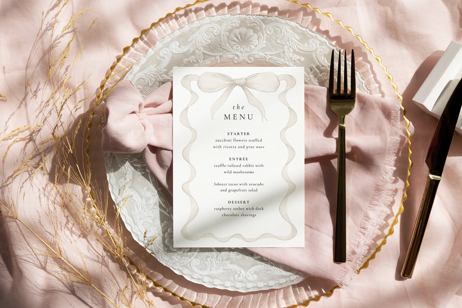 Beige Ribbon Bow Menu Template, Hand Drawn, Wedding/bridal Shower Menu ...