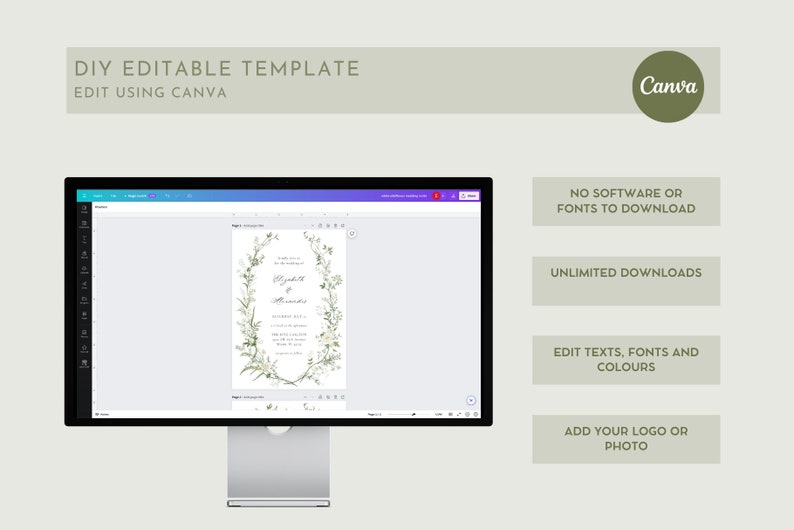 Modello di invito a nozze con fiori selvatici, invito a nozze stampabile, invito verde, invito bianco e verde, ghirlanda floreale, MK1 immagine 9