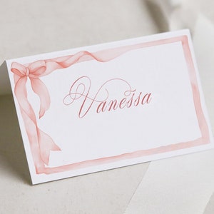 Segnaposto con fiocco rosa, segnaposto con fiocco, bordo del nastro, curvy, stravagante, segnaposto stampabili, modello digitale, segnaposto, rosa cipria 012