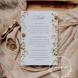 Boho Wildblumen Hochzeitsdetailkarte, Hochzeitsdetails, bearbeitbare Vorlage, Floral, Einschlusskarte, Details einfügen, Anpassungskarte EH2
