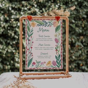 Plantilla de menú floral, dibujada a mano, menú de cena imprimible, plantilla editable, DESCARGA INSTANTÁNEA, plantilla de menú caprichosa DAGNY