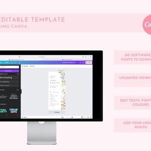 May include: A computer screen showing a Canva design template with a floral design and the text "Wedding" and "& Wilson". The screen shows the Canva interface with options to add a heading, text, and other elements. The text "DIY Editable Template" and "Edit Using Canva" is displayed above the screen.