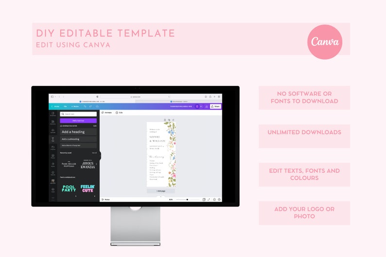 May include: A computer screen showing a Canva design template with a floral design and the text "Wedding" and "& Wilson". The screen shows the Canva interface with options to add a heading, text, and other elements. The text "DIY Editable Template" and "Edit Using Canva" is displayed above the screen.