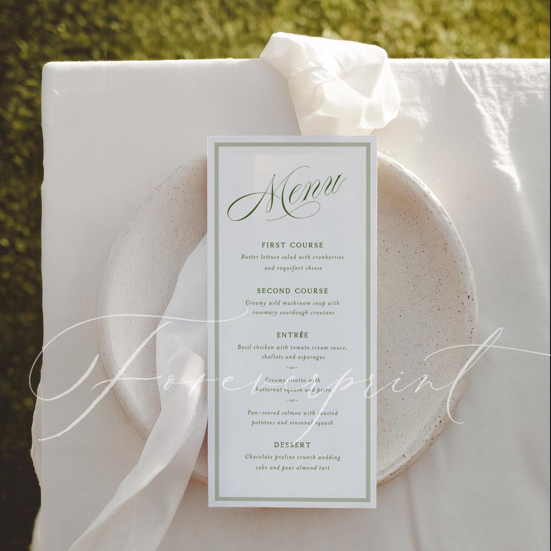 Sage Green Wedding Menu Template, Modern Elegant Dinner Menu Card, 4x9 Tall Menu Printable
