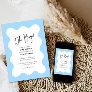 K&ouml;nnte beinhalten: Eine blaue und wei&szlig;e Babyparty-Einladung mit einem Wolken-Design. Die Einladung lautet "Oh Boy!" und enth&auml;lt Details zur Veranstaltung, einschlie&szlig;lich Datum, Uhrzeit, Ort und RSVP-Informationen.