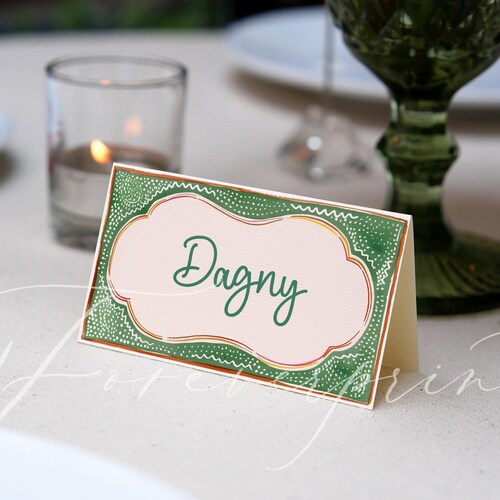 Cartes de visite modifiables avec nom tente, marque-places aquarelle vert, cartes d'escorte de mariage imprimables, badges nominatifs à faire soi-même, modèle fantaisiste de cartes de visite