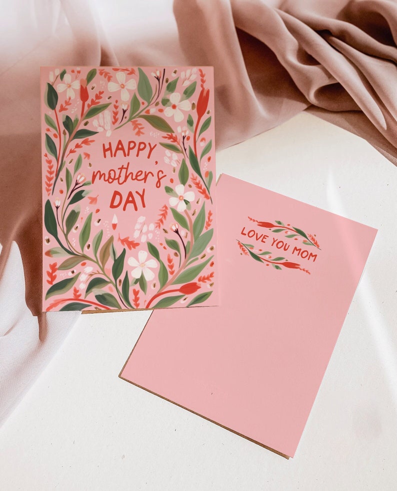 Happy Mothers Day Card, Floral Mothers day Card, Botanical Wildflowers, Pink Mothers Day Card, Editable Template, Flower Garden Card, image 1