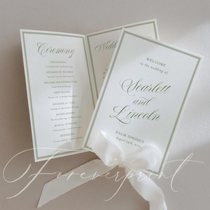 エレガントな結婚式プログラムテンプレート、グリーンのカリグラフィー式典プログラム、印刷可能なミニマルな結婚式小冊子 GR26