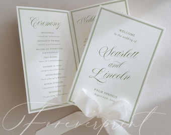 Elegante modello di programma per matrimonio, programma della cerimonia con calligrafia verde, libretto di nozze minimalista stampabile GR26