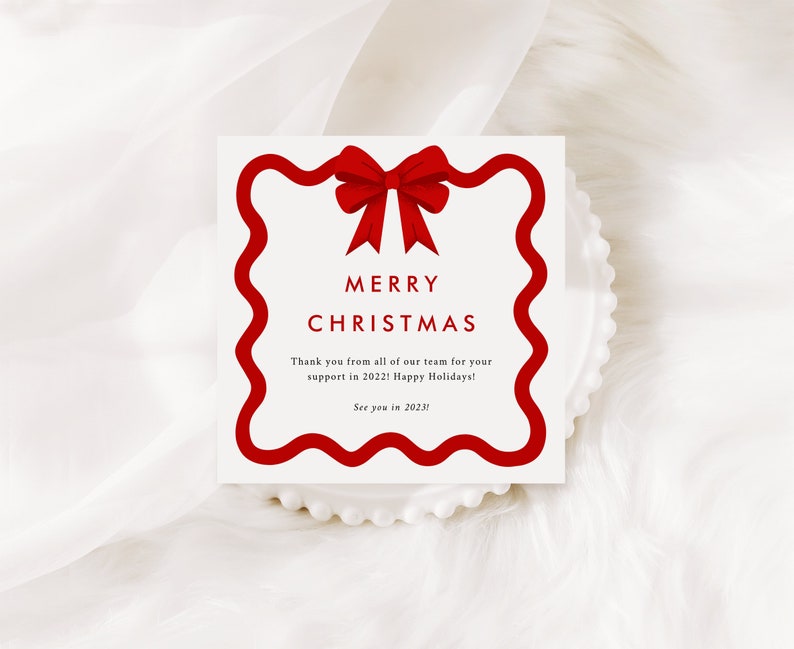 Merry Christmas Greetings Card Template, Curvy Waves Card, Printable Christmas Card, Editable Template, Instant Download, Bow, Ribbon CC2 image 5