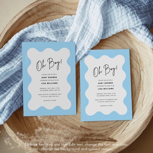 K&ouml;nnte beinhalten: Zwei blaue und wei&szlig;e Babyparty-Einladungen mit dem Text "Oh Boy!" und einem wellenf&ouml;rmigen Rand. Die Einladungen beinhalten Datum, Uhrzeit und Ort der Party sowie den Namen der werdenden Mutter, Lisa Williams. Der Text "Kindly RSVP by 10 February 2025 to Olivia" ist ebenfalls enthalten.