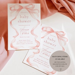May include: Two pink and white baby shower invitations with a watercolor bow design. The invitations feature the text "Join us for a baby shower honoring mom-to-be Sienna Wilson" and include the date, time, location, and RSVP information. The bottom invitation also includes the text "Matching Items Available See the Listing Description Below for Details".