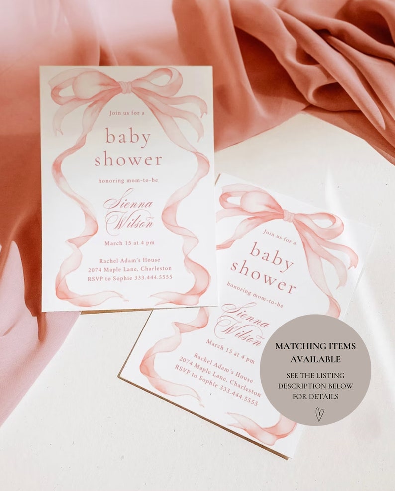 May include: Two pink and white baby shower invitations with a watercolor bow design. The invitations feature the text "Join us for a baby shower honoring mom-to-be Sienna Wilson" and include the date, time, location, and RSVP information. The bottom invitation also includes the text "Matching Items Available See the Listing Description Below for Details".