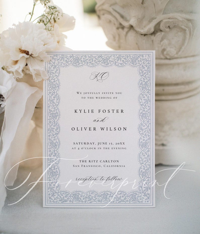Dusty Blue Floral Wedding Invitation Suite, Elegant Lace Frame ...
