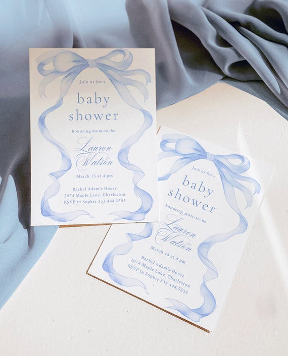 Blue Bow Baby Shower Invitation, Baby Shower Baby Blue Watercolor Ribbon Minimalist 1st Birthday Editable Template, Digital Download LAUREN