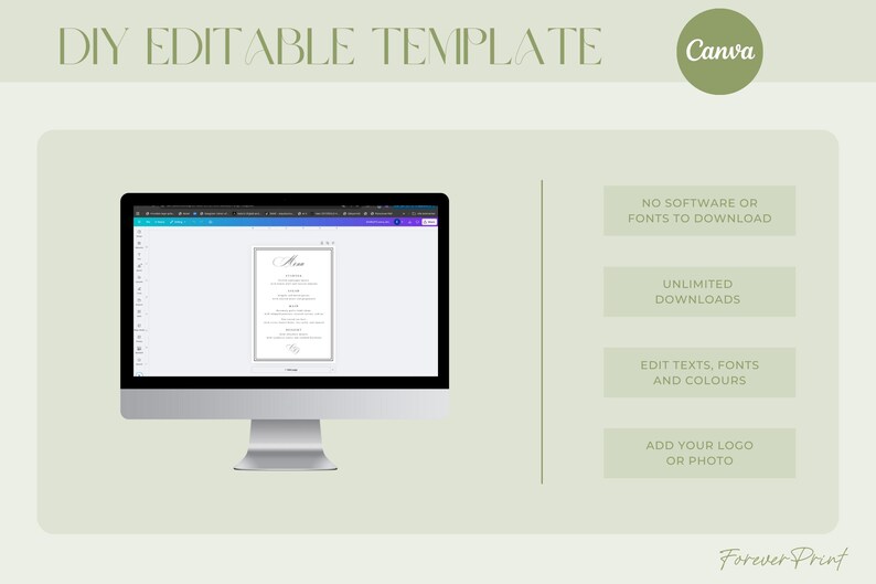 K&ouml;nnte beinhalten: Ein Computermonitor zeigt eine Men&uuml;vorlage mit dem Wort "Men&uuml;" in minimalistischem Design. Das Bild enth&auml;lt den Text "DIY EDITABLE TEMPLATE" und "Canva". Zus&auml;tzlicher Text hebt Funktionen wie keinen Software-Download hervor.
