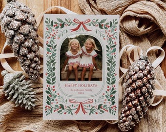 Photo Christmas Card Template, Merry Christmas Card, Bow Holiday Card,  Classic Botanical Christmas Card, Digital Christmas Cards Template