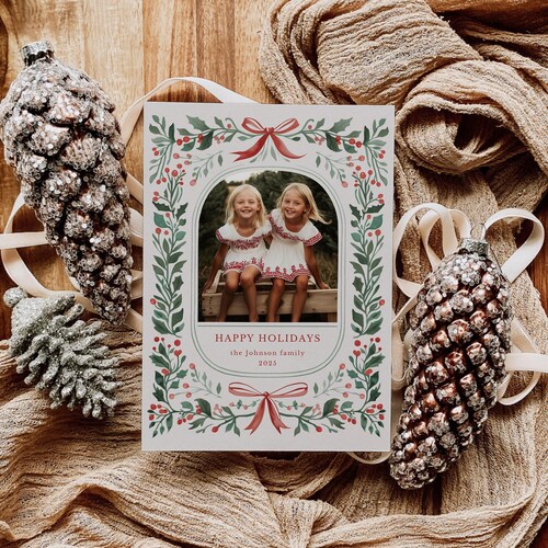 Photo Christmas Card Template, Merry Christmas Card, Bow Holiday Card,  Classic Botanical Christmas Card, Digital Christmas Cards Template
