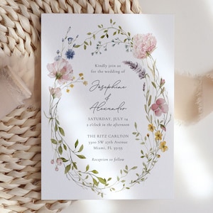 Wildflower Wedding Invitation Template, Printable Wedding Invitation, Wedding Invitation, Boho Wildflower Invitation, Floral Wreath EH1