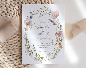 Wildflower bruiloft uitnodiging sjabloon, afdrukbare bruiloft uitnodiging, bruiloft uitnodiging, Boho Wildflower uitnodiging, bloemenkrans EH1