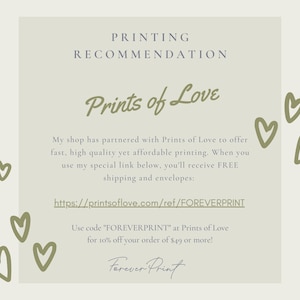 May include: A light beige card with the text "Prints of Love" in a brown font. The card also includes a link to Prints of Love and a discount code for 10% off orders of $49 or more.