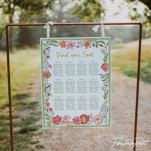 May include: A floral wedding seating chart with the text "Find your Seat" in gold script. The chart is framed with a green border and adorned with pink, orange, and white flowers. The names of the guests are listed under the table numbers.