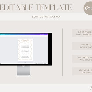 May include: A computer screen displaying a Canva template for a wedding invitation with a white ribbon and the text "DETAILS". The template is customizable with text, fonts, colors, and a logo or photo. The text "DIY EDITABLE TEMPLATE" and "EDIT USING CANVA" are at the top of the image. The text "NO SOFTWARE OR FONTS TO DOWNLOAD", "UNLIMITED DOWNLOADS", "EDIT TEXTS, FONTS AND COLORS", and "ADD YOUR LOGO OR PHOTO" are in boxes on the right side of the image. The text "Forever Print" is at the bottom of the image.