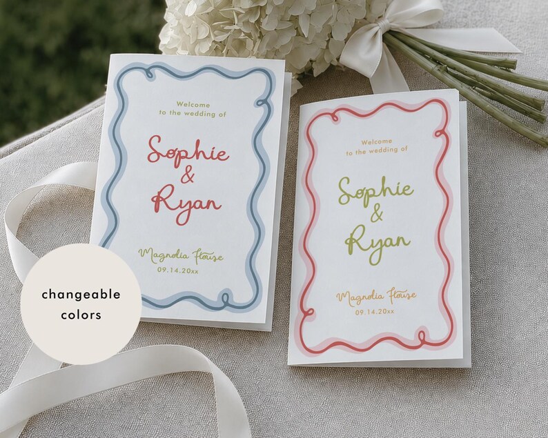May include: Two white wedding programmes with a wavy border design. The left programme features blue borders and red text reading Welcome to the wedding of Sophie & Ryan, Magnolia House, 09.14.20xx. The right programme has red borders and green text.