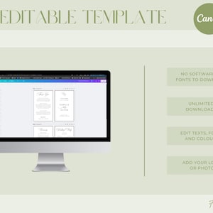 K&ouml;nnte beinhalten: Ein Computermonitor zeigt eine DIY-bearbeitbare Vorlage f&uuml;r Hochzeitseinladungen. Das Bild enth&auml;lt den Text "DIY EDITABLE TEMPLATE" und "Canva". Text hebt Funktionen wie keinen Software-Download und unbegrenzte Downloads hervor.