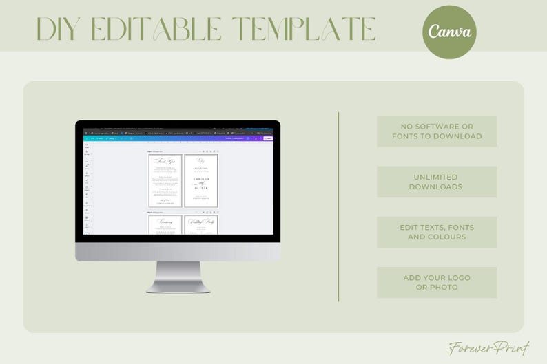 K&ouml;nnte beinhalten: Ein Computermonitor zeigt eine DIY-bearbeitbare Vorlage f&uuml;r Hochzeitseinladungen. Das Bild enth&auml;lt den Text "DIY EDITABLE TEMPLATE" und "Canva". Text hebt Funktionen wie keinen Software-Download und unbegrenzte Downloads hervor.