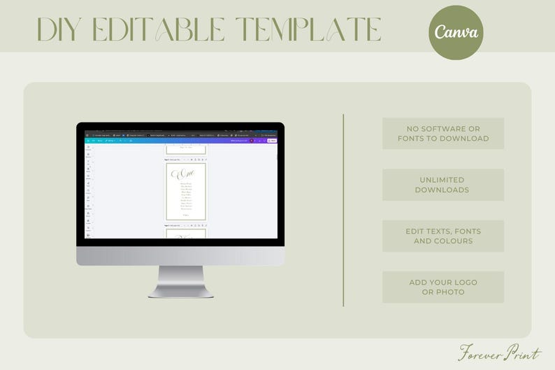 May include: A computer monitor displays a DIY editable template. The screen shows a wedding menu design. Text on the image includes "No software or fonts to download," "Unlimited downloads," and "Edit texts, fonts and colours."