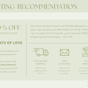 May include: A light green graphic with the text "PRINTING RECOMMENDATION" at the top. The graphic details a partnership with Prints of Love, offering fast, high-quality printing and a 10% discount with the coupon code FOREVERPRINT.