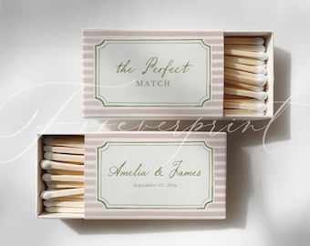 Editable Matchbox Label Template, Blush Pink Stripes, Green Frame, Canva Printable N25