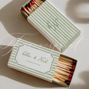 Editable Wedding Matchbox Template, The Perfect Match Favor, Custom Match Box Label, Green Striped Design, Printable Canva Template 021