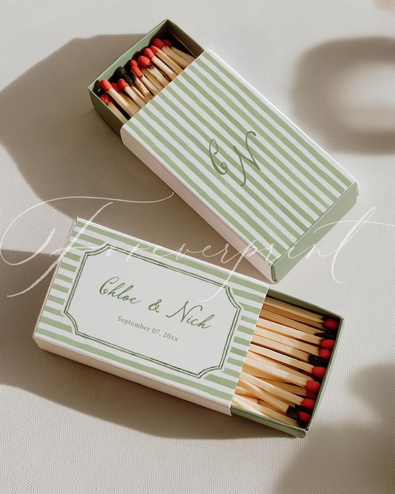 Editable Wedding Matchbox Template, The Perfect Match Favor, Custom Match Box Label, Green Striped Design, Printable Canva Template 021
