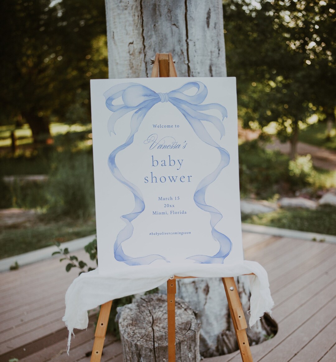 EDITABLE Blue Bow Baby Shower Welcome Sign, Boy Baby Shower Sign ...